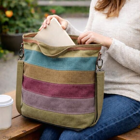 Large Canvas Hobo Tote with Adjustable Strap, 5 Compartments for Daily Use - Picture 3 of 7